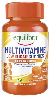 Equilibra Multivitaminico in Gummies Low Sugar, 30 Gummies Gusto Tropical | Pastiglie Gommose Vegan, Integratore Energia, 7 Vitamine, Vitamina C, B12 e Acido Folico, Senza Glutine, a Base di Pectina
