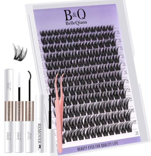 B&Q EcoWisp Cluster Lashes Kit with Bond and Seal Lash Glue, Lash Remover & Tweezers 144 Individual Eyelashes, 8-16mm Mixed Length, Natural Look DIY Eyelash Kit for Home Use(EcoWisp Kit 02）