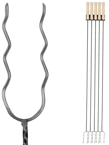 KOTARBAU® Lagerfeuer Spieße lang, 100 cm, Grillspieß aus Stahl, 5er Set | Marshmallow Spieße, Grillgabel mit 2 Zinken, Stockbrot Spieße mit Holzgriff, Grillspieße mit Grillspießhalter wandmontiert