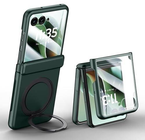 Hülle für Motorola Razr 60 Ultra/ 70 Ultra mit Magnetischem Ringhalter Ständer, [Kabelloses Laden] Schlanke Harte PC-Case mit Displayschutzfolie& Scharnierschutz für Moto Razr 60 Ultra/70 Ultra (Grün)
