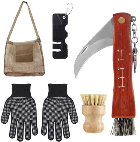 Tragbares Pilzmesser Set, Taschenmesser Handschuhe Pilzbürste Sammeltasche