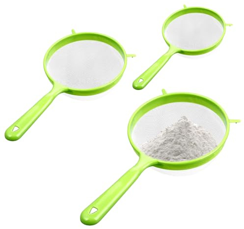Kitchen Sieve, 3 Sizes (3/4/5 Dia.) Fine Mesh Sieves for Cooking, Plastic Handled Strainer for Flour Food Washing Draining Pasta Spaghetti Rice Vegetable, Green