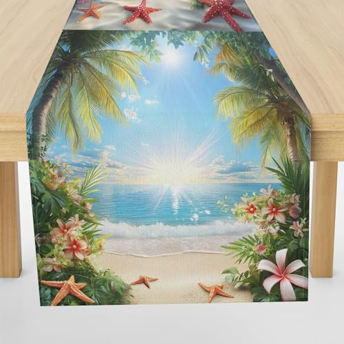 Meugesoi Sommer Strand Landschaft Tischläufer 30x140 cm Meer Seestern Palmen Tischdecke Abwaschbar Küche Esstisch Tisch Runner, Tischläufer für Esszimmer Party Urlaub Dekoration