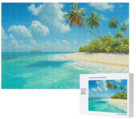 300 Teile Puzzle mit Aufbewahrungsbox, Insel mit Sandstrand und Palme, bedrucktes Holzpuzzle 40 x 28 cm, für Erwachsene, Kinder, Familie, lustiges dekoratives Spiel