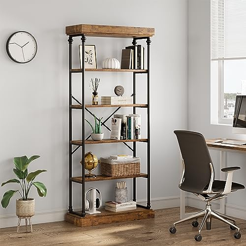 Garvee Estantería de Libros Alta de 6 Niveles – Estilo Industrial Independiente – Estructura de Metal Negro y Madera – Estantes Abiertos para Oficina, Sala de Estar, Dormitorio, Cocina, 187cm, Marrón