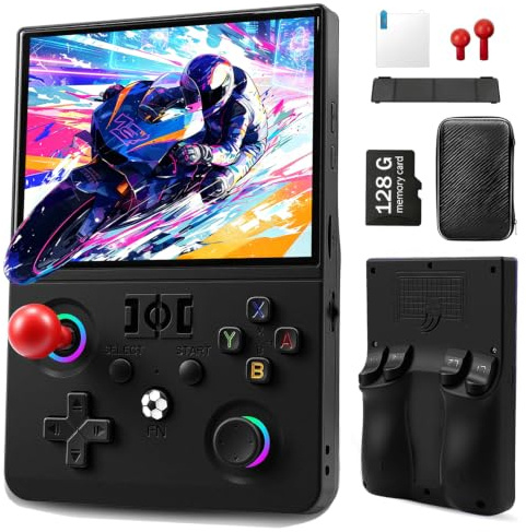 XiFanHo Console portatile retrò R36MAX2, Console retrò con processore quad-core RK3326, schermo IPS HD da 4,5 pollici, scheda di memoria da 128 GB, joystick rimovibile e batteria da 4000 mAh (Nero)