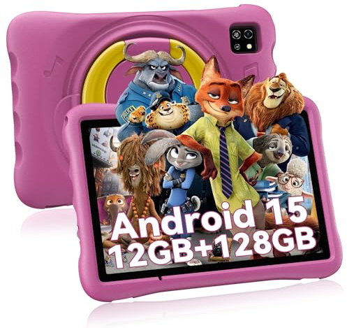 Kids Tablet 10 Inch, Android 15 Tablets, 12GB RAM, 128GB ROM/512GB TF, Pink | Dual Cameras 8MP + 5MP, WiFi 6 & Bluetooth, Eye-Friendly HD, Parental Control, Kid-Proof Case, Great Gift for Kid and Family