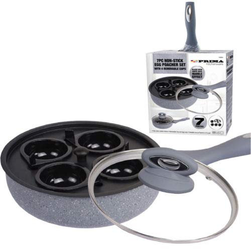 BARGAINS-GALORE 7PC Egg Poacher PAN 4 Hole Cup POACH Saucepan Frying Glass LID Non Stick Marble