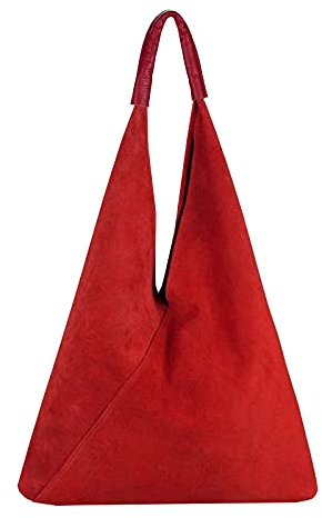 OBC Made in Italy Damen XXL Leder Tasche Handtasche Wildleder Shopper Schultertasche Hobo-Bag Umhängetasche Beuteltasche Velourleder DIN-A4 Ledertasche Rot