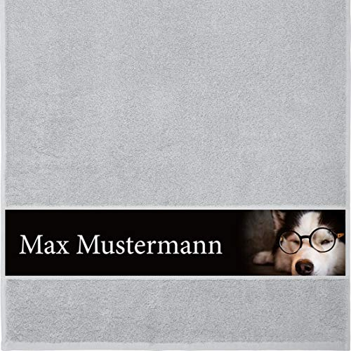 Handtuch mit Namen - personalisiert - Motiv Tiere - Hund mit Brille - viele Farben & Motive - Dusch-Handtuch - hellgrau - Größe 50x100 cm - persönliches Geschenk mit Wunsch-Motiv und Wunsch-Name