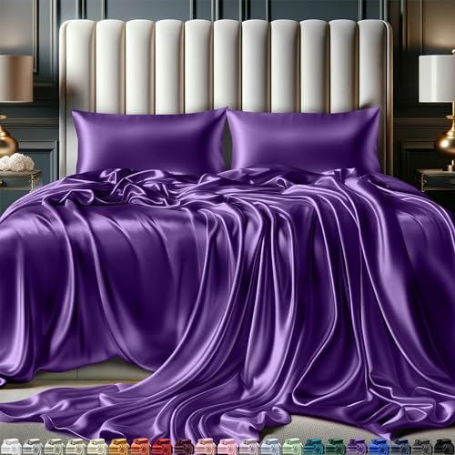 DECOLURE Satin Bed Sheets - 4 Piece Luxury Silky King Size Bedding Set - Softer Than Silk, Wrinkle-Free with 15” Deep Pocket Fitted Sheet, Perfect for Hair & Skin, Gifts for Women (Purple)