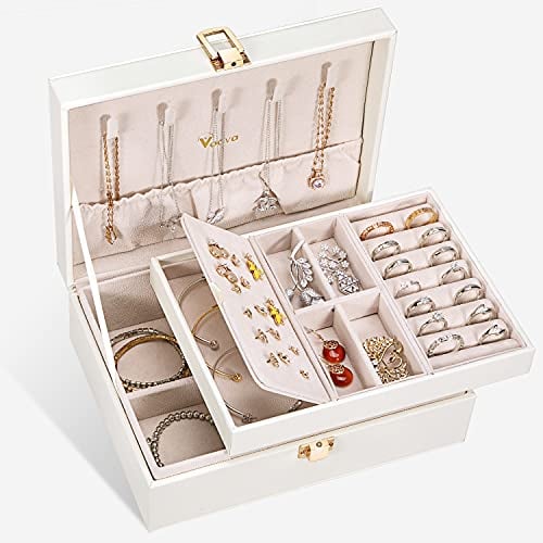 Voova Jewellery Box Organiser for Women Girls, 2 Layers Large Jewelry Storage Case, PU Leather jewlerrying Display Holder with Removable Tray for Necklace Earrings Rings Bracelets, Gifts, White