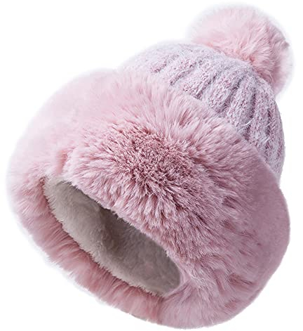 JFAN Femme Laine Mohair Bonnet Tricotée Polaire Pom Pom d'hiver Doux Ski Multicolore Mode Chaud Duveteux Doublure Chapeau Rose Taille Unique