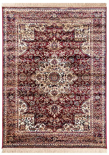 Carpeto Rugs Teppich mit Fransen Orientalisch in Rot Weinrot - Wohnzimmer Schlafzimmer - Klassisch Orient Muster dicht gewebt - Kurzflor Weiche Viskose - Faser 80 x 220 cm