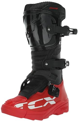 TCX - Comp Kid, Stivali da Motocross Bambino, Tomaia in Microfibra, Chiusura con 3 Fibbie in Poliuretano con Regolazione Micrometrica e Velcro, Nero/Rosso