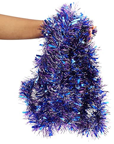 BELLE VOUS Blue, Purple and Silver Christmas Tinsel - 10m / 32.8ft Shiny Metallic Christmas Tree Hanging Garland - Chunky Xmas Tinsel for Indoor/Outdoor Christmas Party Decorations & Festivals