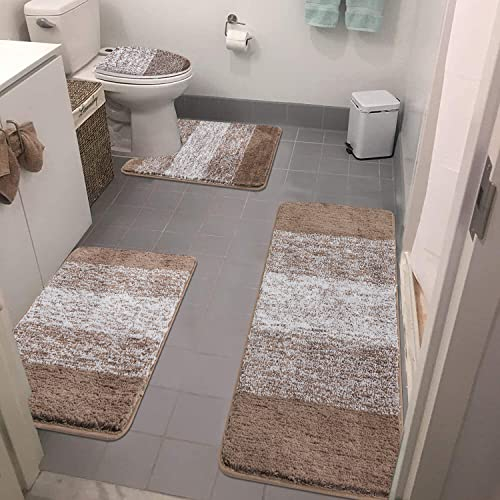Bsmathom Bathroom Rugs Sets 4 Piece with Toilet Lid Cover, Non-Slip Absorbentb Rugs and Mats for Bathroom Microfiber Shaggy Machine Washable Bath Rug Set, Coffee