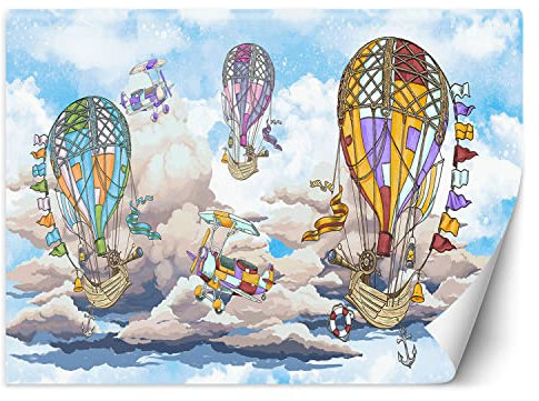 Feeby Papel Pintado Bebé Barcos Globos 100x70 cm Multi XXL Fotomurales Tejido No Tejido Decoración De Pared Moderna Decorativos Dormitorio Para la sala Naves voladoras Nubes Avión