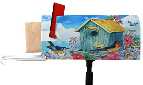 Numland Briefkasten-Abdeckung, Standard-Vogelhaus und Blume, magnetische Briefhüllen, verpackt, perfekt für den Außenbereich, 53 x 45 cm, Aquarell, Frühling, Vogelhaus, Schwalbe, Vogel, blauer Himmel