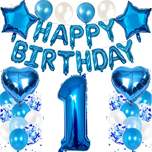 Feelairy Luftballon 1. Geburtstag Deko Baby Junge Set, Blau Geburtstagsdeko 1 Jahre Junge, Folienballon Zahl 1 Blau, Luftballons Happy Birthday Banner Girlande, Ballon 1 Deko zum Geburtstag
