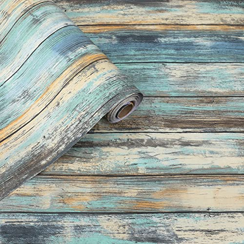 Dimcol Wood Contact Paper - 15.7x236 Self-Adhesive and Removable Wood Wallpaper Peel and Stick - Blue Distressed Wood Grain Contact Paper for Cabinets - Waterproof Stick on Wall Paper