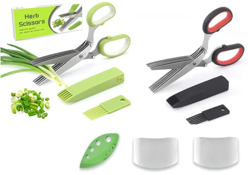 Hitopin 2PCS Edelstahl Küchenschere, 5 Klingen Kräuterschere, Gemüseschere mit Reinigung Kamm, Sicherheitsabdeckung, Kräuterstripper, Senden 2PCS Küchenfingerschutz, für Schnittlauch, Petersiliem