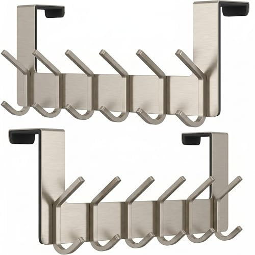 Brushed Nickel Over The Door Hooks, Heavy Duty Stainless Steel Door Hanger with 6 Double Hooks for Hanging Towels, Coats, Robes, Hats, Bags, No Drill Over Door Towel Rack for Bathroom, Bedroom, 2 Pack