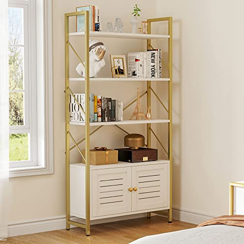 YITAHOME Bookcase with Storage Cabinet, Standing 5 Tiers Book Shelf Display Rack with Doors for Bedroom Living Room Office,White&Gold