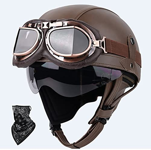 DOT/ECE Genehmigt Leder Halbschalenhelm, Retro Motorrad Halbhelm mit Brille, Schnellverschluss Schnalle, Erwachsene Halbschale Jet-Helm, Scooter-Helm, für Cruiser, Scooter(55~62CM)