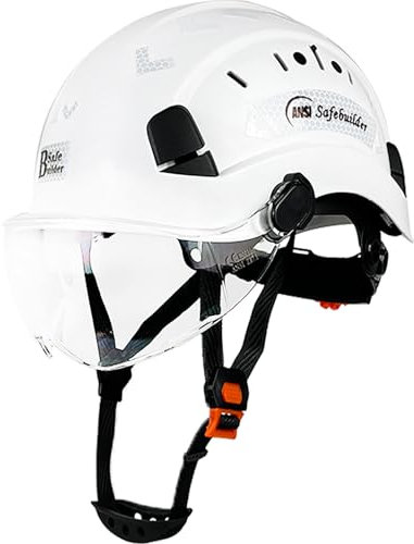 SAFEBUILDER Casco de Seguridad con Visera, Ajustable, Ligero, ventilado, ABS, Aprobado por ANSI Z89.1, Ideal para Industria y construcción (Sombrero Blanco con Visera Transparente)