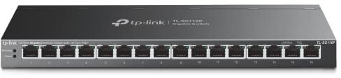 TP-Link Switch desktop Gigabit a 16 porte con PoE+ a 16 porte (TL-SG116P) - Fino a 120 W, montaggio su desktop e a parete, Plug & Play, senza ventola, non gestito