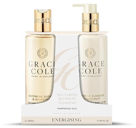 Grace Cole Coffret cadeau Duo de soins corporels parfumés à la fleur de nectarine et au pamplemousse 1 gel douche et bain de 300 ml, 1 lotion pour les mains et le corps 300 ml – Huiles essentielles –