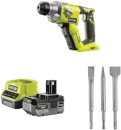 Ryobi - Marteau perforateur SDS+ 18V - 4 modes : perçage, perforation, burinage, burinage flottant - 1,3 J Epta - capacité 16 mm- 1 batterie 4Ah, 1 chargeur rapide & 3 burins SDS+ (1 pointe, 2 plats)