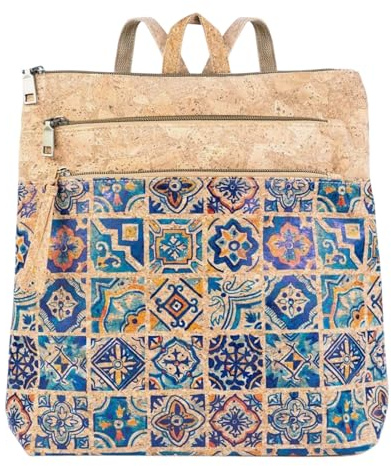 DeCarbonize Damen Rucksack aus Kork Veganleder Nachhaltig Damen Handtasche (Azulejos)