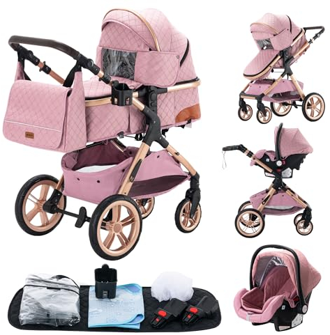 YAZOCO kinderwagen 3 in 1, Zusammenklappbar kinderwagen mit Wickeltasche,Komplettset Becherhalter,Moskitonetz, Fußabdeckung,Sitzzubehör (5 Rosa)