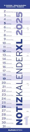 Alpha Edition - Notizkalender XL BLAU 2025 Streifenkalender, 15x64cm, Wandkalender mit Platz für Notizen und Zusatzinformationen, Mondphasen und deutschem Kalendarium