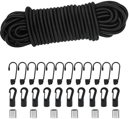 Expanderseil Gummiseil 6mm 15m Schwarz, Elastisches Expanderseil Gummischnur Gummikordel Gummiband Planenseil Spannseil mit Haken Zubehör DIY Wohnwagen Fracht Handwerk Rack (schwarz, 6mm*15m)