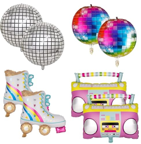 8 Stück Folienballon Disco,Disco Party Deko Ballons Discokugel Luftballons Helium Ballon 70er 80er 90er Dekoration Regenbogen Rollschuh Luftballons Folienballon Radio Retro Thema Hip Hop(20-23 Zoll)