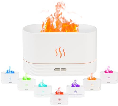 ASAB Flame Essential Oil Diffuser Air Humidifier 180ml with 7 LED Colour Changing Lights - Quiet Electric Aromatherapy for Bedroom, Home Office, Yoga, Spa (White)