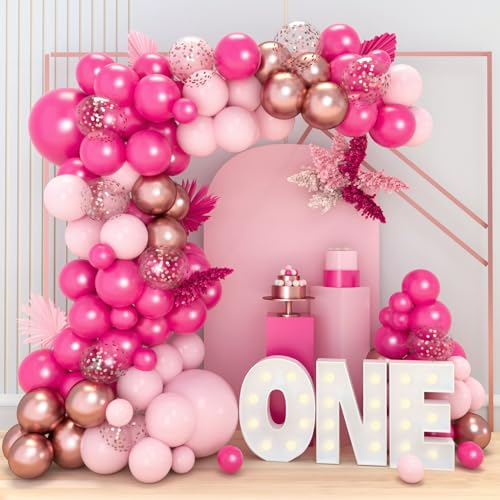 Arco de Globos Rosa Caliente,Kit Arco Globos Rosa con Globos Oro Rosa y Globo Confeti Rosa,Globos de Cumpleaños para Decoracion Feliz Cumpleaños Baby Shower Niña,Comunion Niña,Bautizo,Boda,Aniversario