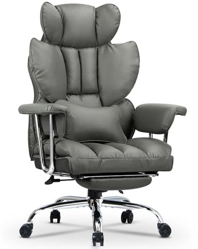 naspaluro Chaise Bureau Ergonomique à Hauteur Réglable,Fauteuil de Bureau avec Repose-Pieds Télescopique,Lombaire&Appui,Soutien Lombaire,Dossier Inclinable,PU Cuir,Gray