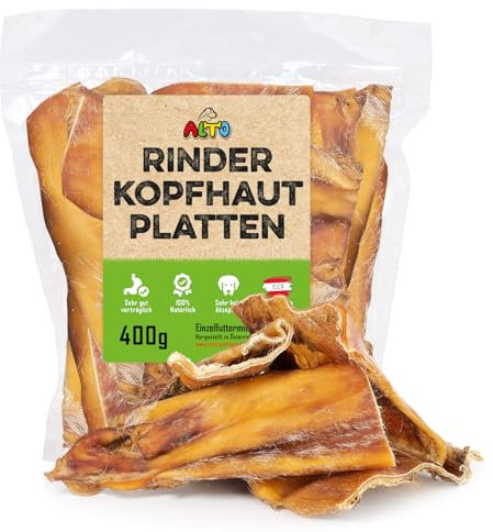 ALTO - Plaques de cuir chevelu de bœuf XL de qualité supérieure pour grands chiens – 400 g – Grandes plaques de cuir chevelu de bœuf – Friandises pour les soins dentaires du chien, occupation