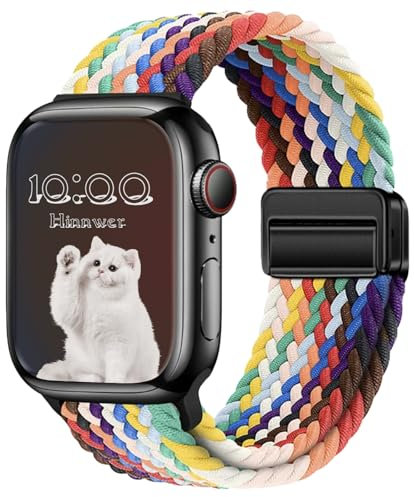 Hinnwer Bracelets Tressé pour Apple Watch Bracelet 45mm 44mm 42mm 49mm, Élastique Nylon Band avec Fermoir Magnétique pour iWatch Ultra 2 Ultra SE 2 SE Series 10 9 8 7 6 5 4 3 2 1 Arc-en-ciel