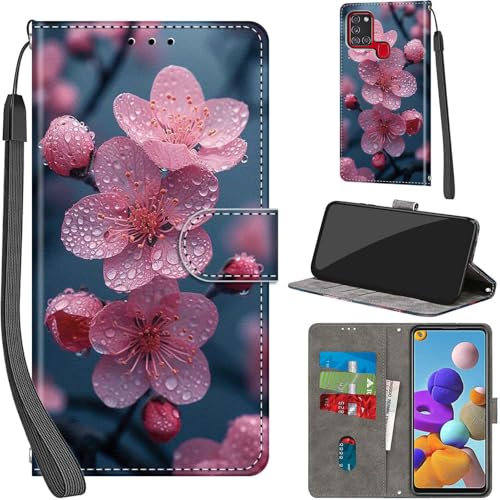 Handyhülle für Samsung Galaxy A21s Hüllen Premium Leder Case Klappbar Wallet Magnet Kartenfach Standfunktion Schutzhülle kompatibel mit Samsung A21s Cover,Blume
