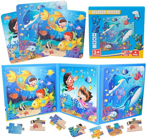 Homewit Puzzles ab 3, 3 IN 1 Magnetische Puzzles Buch, 20-25-30 Teile Puzzle Kinder mit Unterwasserwelt-Thema, Magnetspiel Beschäftigung im Flugzeug Autofahrt, Geschenk für Kinder