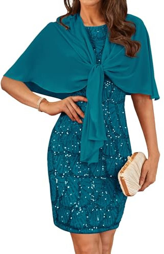 GRACE KARIN Party Vintage Mittelalter Rundhals Übergröße Ballkleid Funkelndes Fließendes Midi Kleid mit Pailletten Glitzer Anzug Blaugrün 44