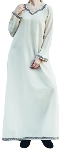 Leonardo Carbone® Damen Kleid Wikingerkleid Brigida | Handstickerei | V-Ausschnitt | Karneval, Halloween, Cosplay, LARP, Mittelalter, Wikinger, Kostüm | 100% Baumwolle Natur XS