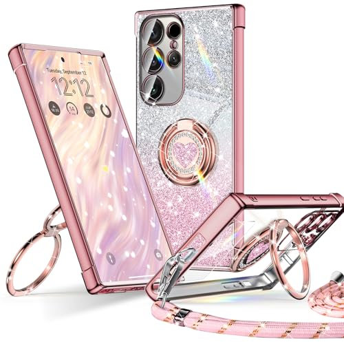 XYZ Cover per Samsung Galaxy S25 Ultra, Custodia con Cuore Doppio Anello Stand Lusso Glitter Cellulare, Donne Antiurto Placcato Morbido Protettivo Chiaro Samsung S25 Ultra, Oro Rosa