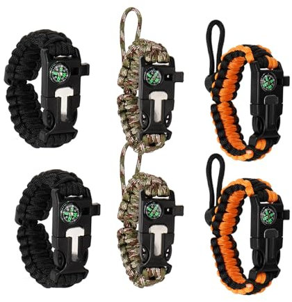 SUPRBIRD Paracord Survival Armband, 6 Stück Set Survival Armband für Herren Damen, Outdoor-Werkzeugset Enthält Kompass, Regenschirmseil, Einen Feuerstarter, Notfall Messer & Pfeifen