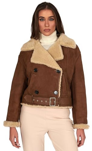 D'Arienzo Chiodo Montone Scamosciato Color Cuoio da Donna con Bottoni e Cintura Giacca Shearling Indy S/Cuoio